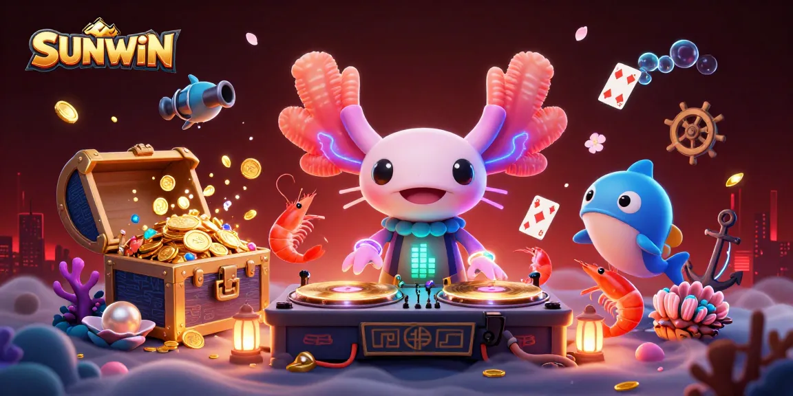 SUNWIN celebrates an underwater casino atmosphere with animated characters spinning records and golden treasures.