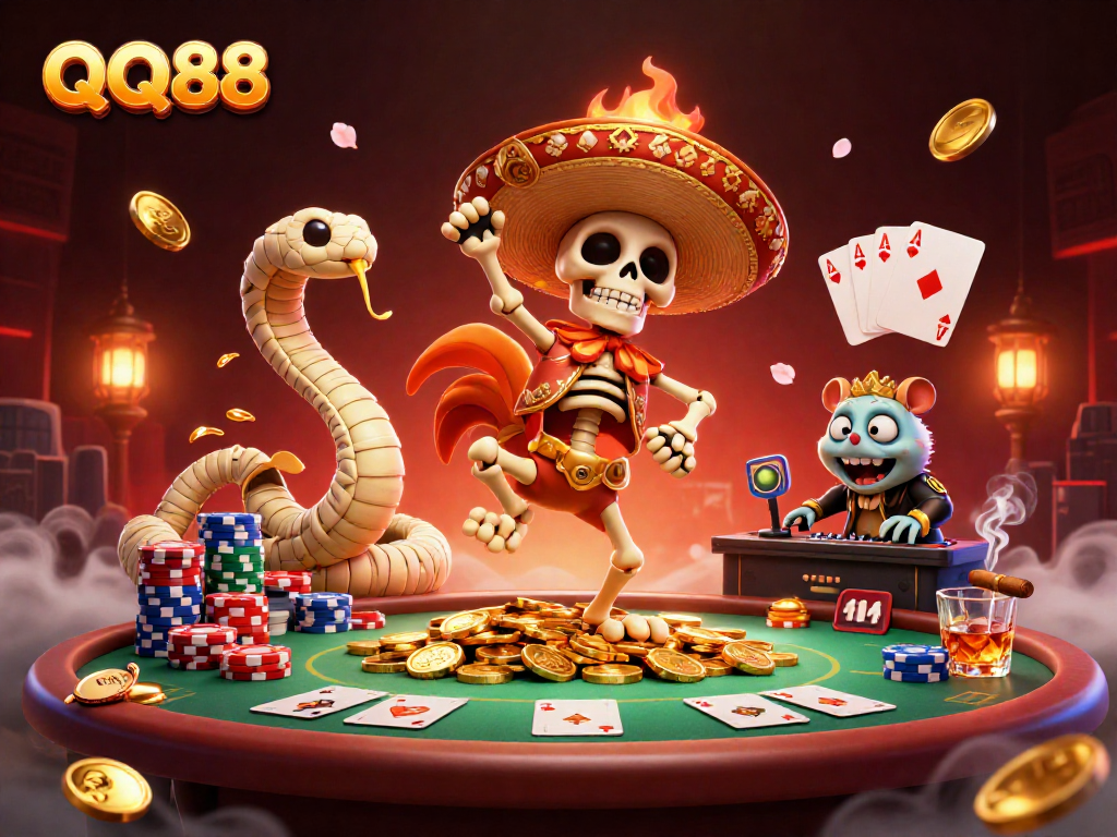 Experience thrilling moments at QQ88, where a mariachi rooster celebrates winnings on golden coins.