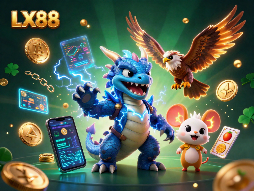 LX88 ensures thrilling wins with vibrant slot symbols and a dynamic dragon in explosive casino scene.