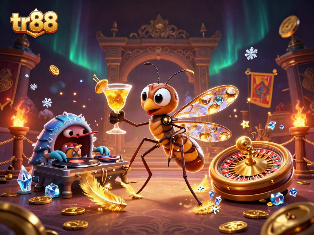 tr88's dynamic casino scene featuring a mascot, DJ, and roulette wheel amidst golden elements.