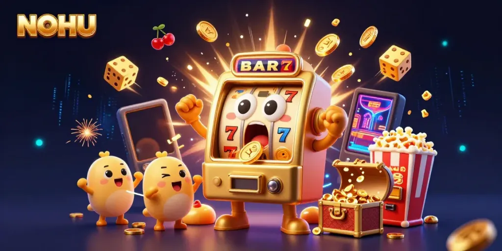 Experience the thrilling jackpot with NOHU's stunning casino visuals featuring vibrant slot machines and coins.