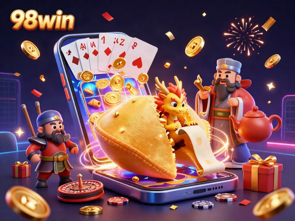 Win big with 98win's exciting casino games featuring colorful slot reels and festive characters.
