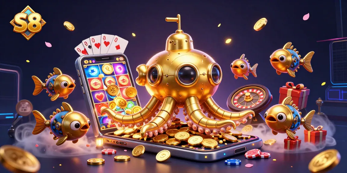 S8 gaming adventure with a golden kraken submarine amidst bright slot game action and gold coins