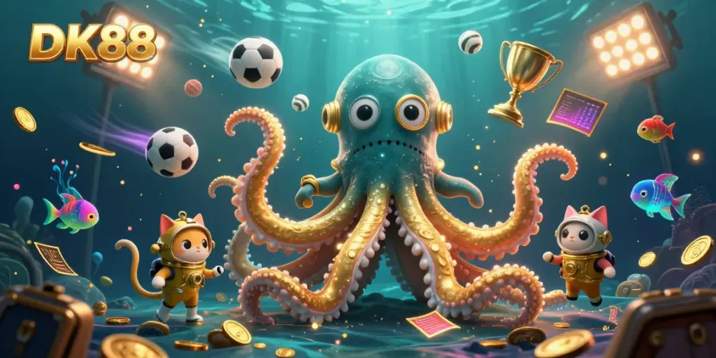 Experience thrilling gameplay at DK88 with a kraken and diving cat in an exciting casino scene.