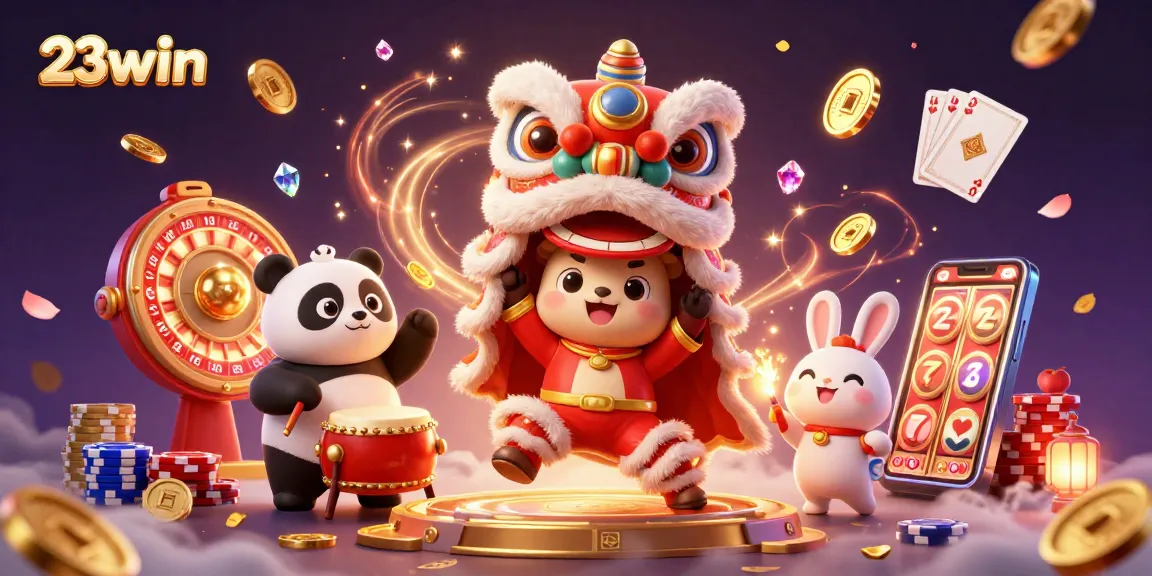 Experience the thrill of 23win with a vibrant casino scene featuring lucky charms and games.