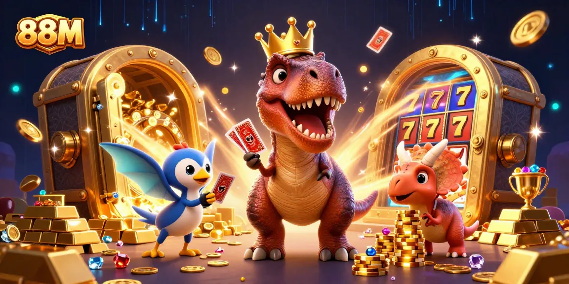 Play exciting games at 88M casino, illustrated with a T-Rex and friends in a vibrant, dynamic scene.