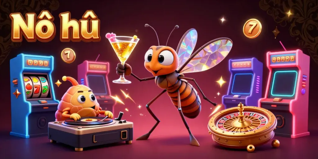 Nổ hũ casino game scene with playful characters and vibrant slot elements showcasing excitement.