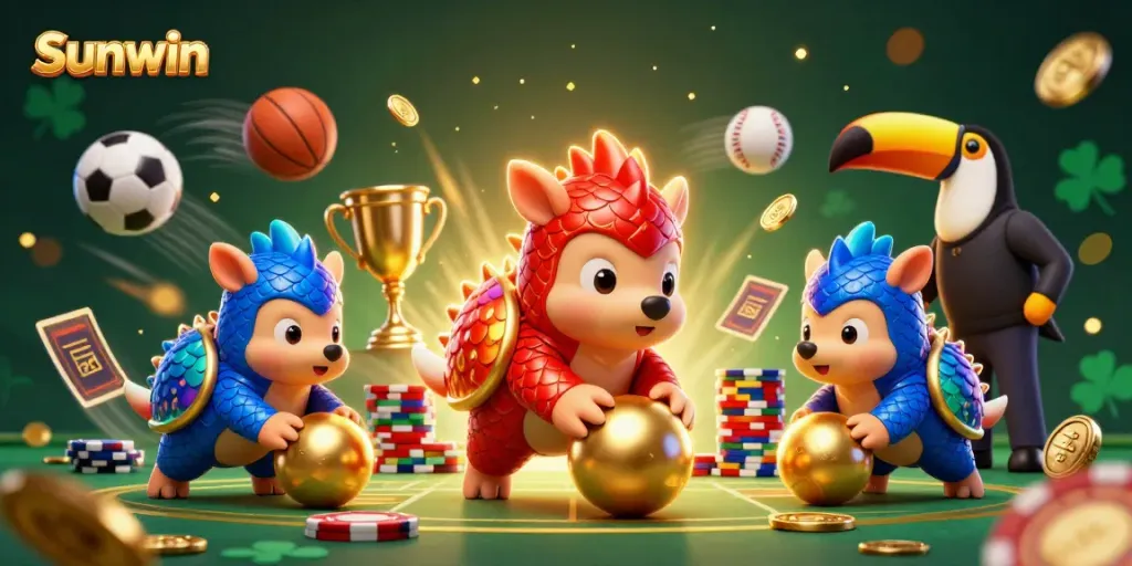 Sunwin pangolins competing in a vibrant online casino game scene with dynamic sports elements.
