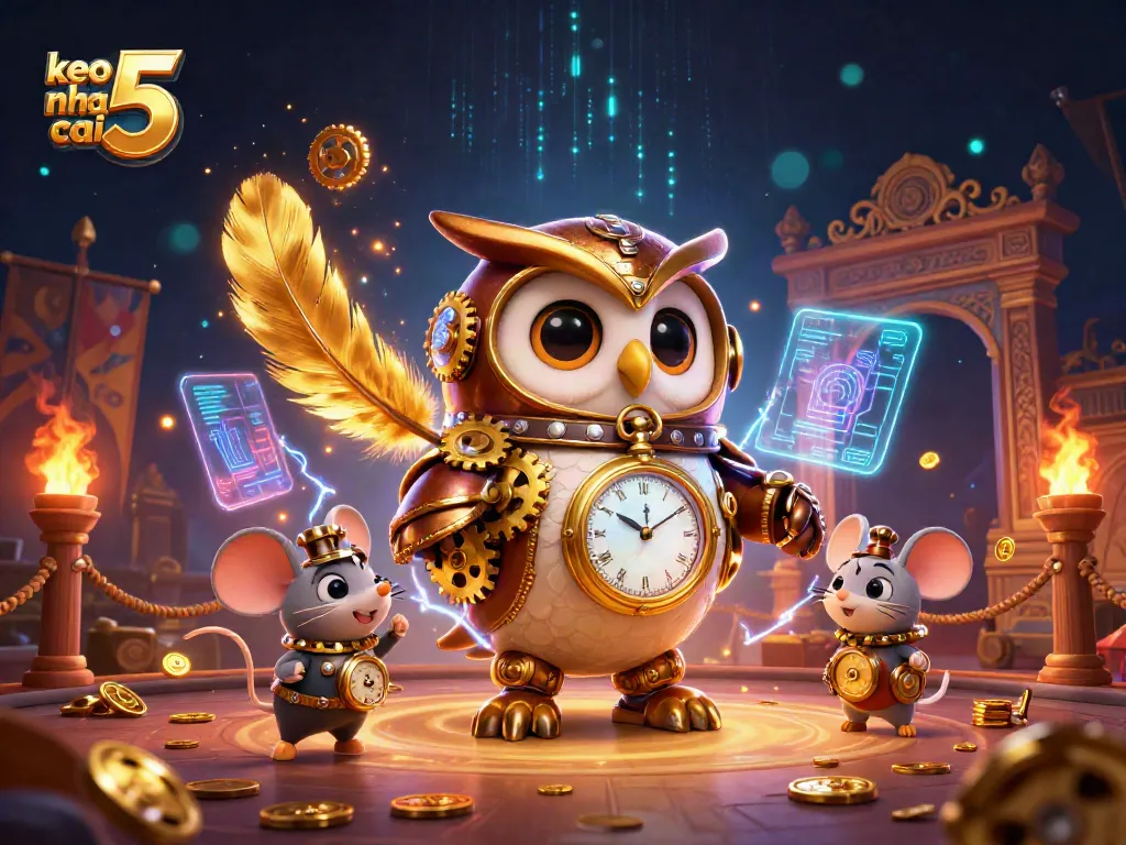 Engage with keo nha cai 5 in this vibrant 3D illustration showcasing a steampunk-themed casino adventure.