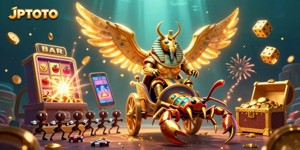 Engage in thrilling slots with JPTOTO, featuring a vibrant 3D scene of a golden scarab and casino elements.