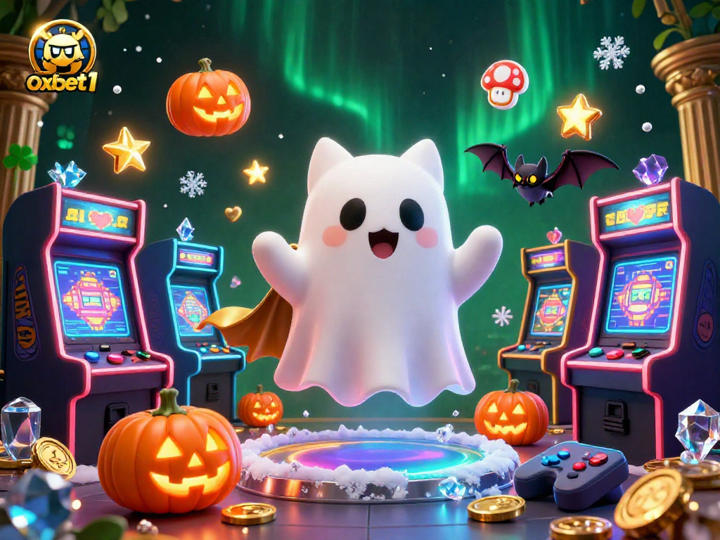 Immerse in the enchanting world of oxbet1 with thrilling ghost cat characters amidst vibrant casino elements.