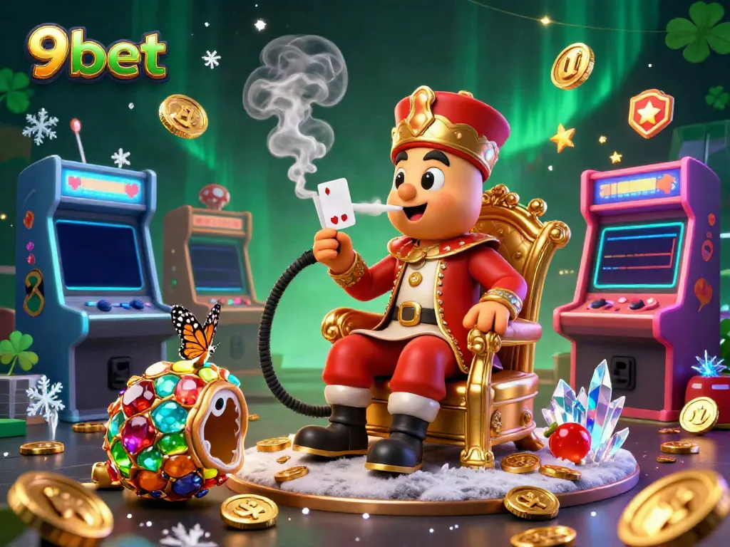 A dynamic scene showcasing the magical world of 9bet with a caterpillar sultan, casino-themed elements, and vibrant gaming energy.