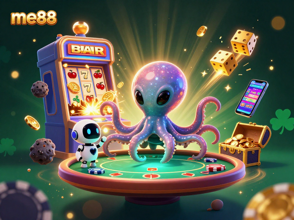 Experience thrilling casino action at me88 with alien octopus playing poker amid dynamic slot machines and cosmic elements.