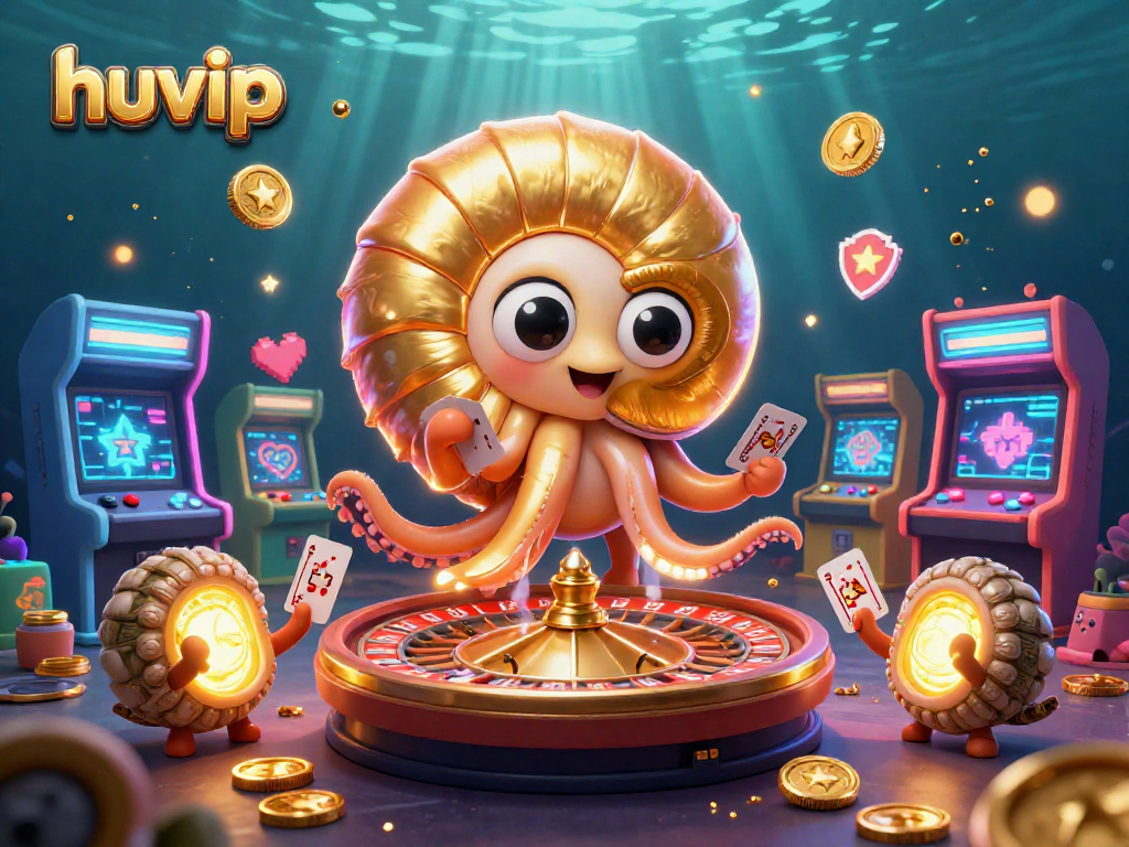 Engage with huvip's vibrant gaming experience, featuring a golden nautilus roulette wheel and glowing cards.