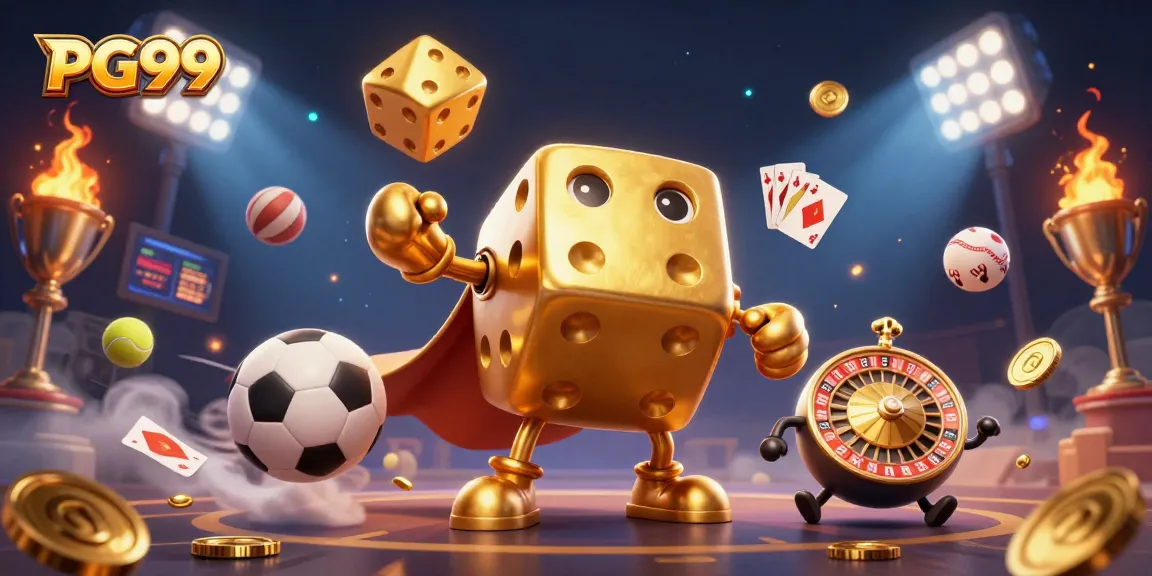 Experience exciting gameplay with PG99's vibrant and dynamic casino scene featuring golden dice and lively sports elements.