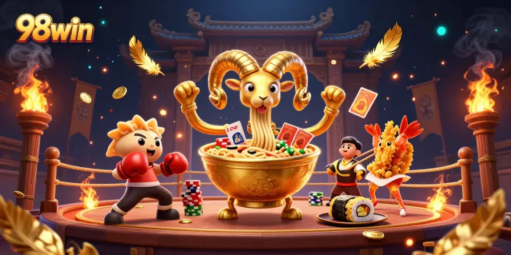 Experience thrilling gameplay at 98win with vibrant characters and dynamic casino elements in this 3D illustration.