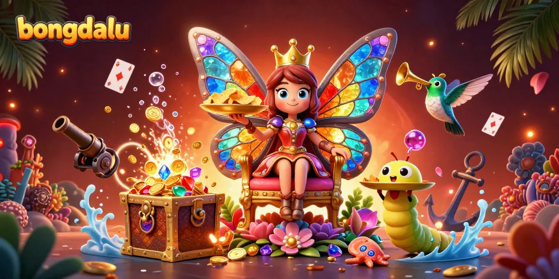 Bongdalu offers a vibrant 3D scene with a butterfly queen and gaming elements celebrating gambling excitement.