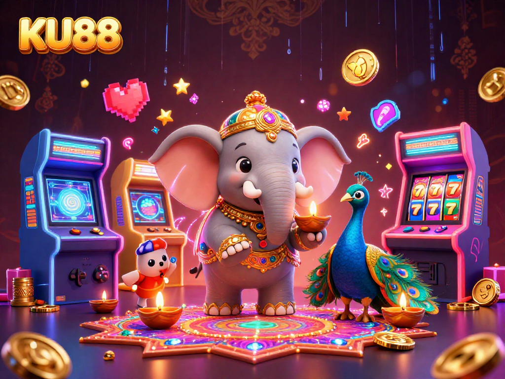 Join the gaming action at KU88's vibrant online casino with dazzling characters and gaming elements.
