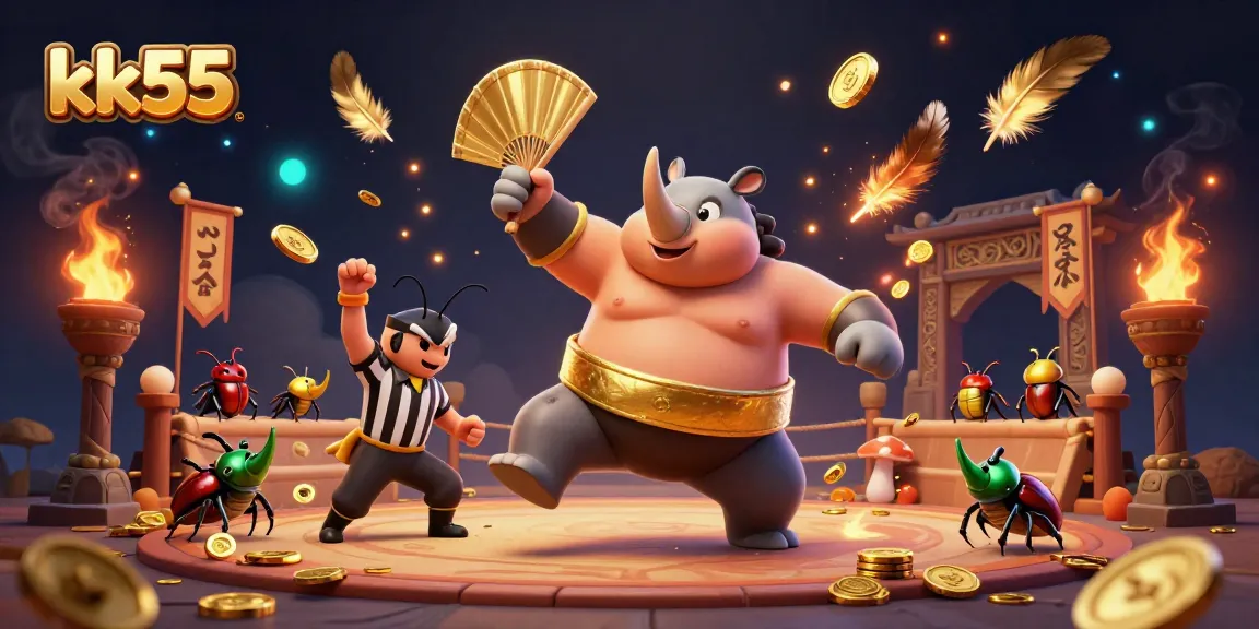 Experience dynamic gaming action with kk55 as a beetle champion stomps golden coins amidst a vibrant casino scene.