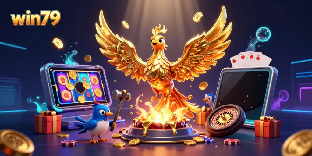 Win79 showcases a golden phoenix exploding with coins, highlighting the excitement of slot games.