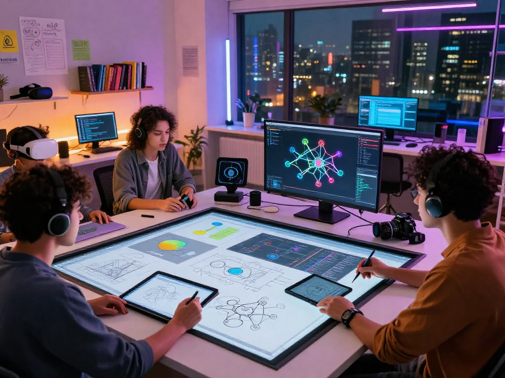 NSFW AI development workspace with diverse team collaborating on innovative tools and technologies.