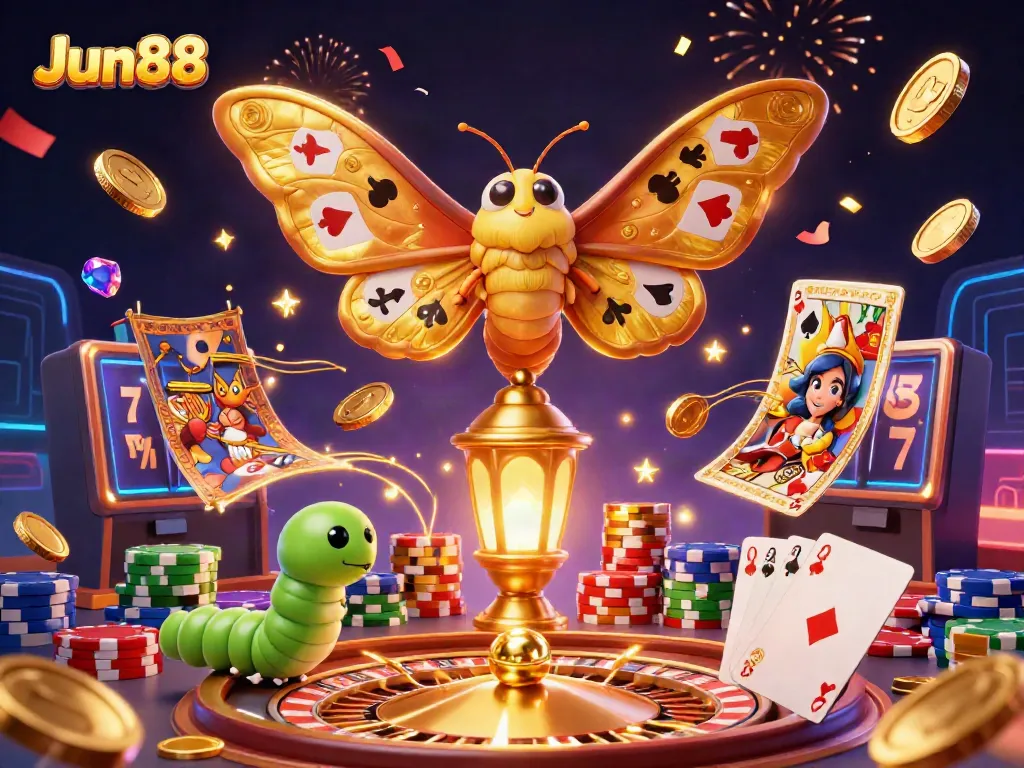 Experience thrilling gameplay with Jun88's vibrant casino scene featuring a majestic moth and dazzling elements.
