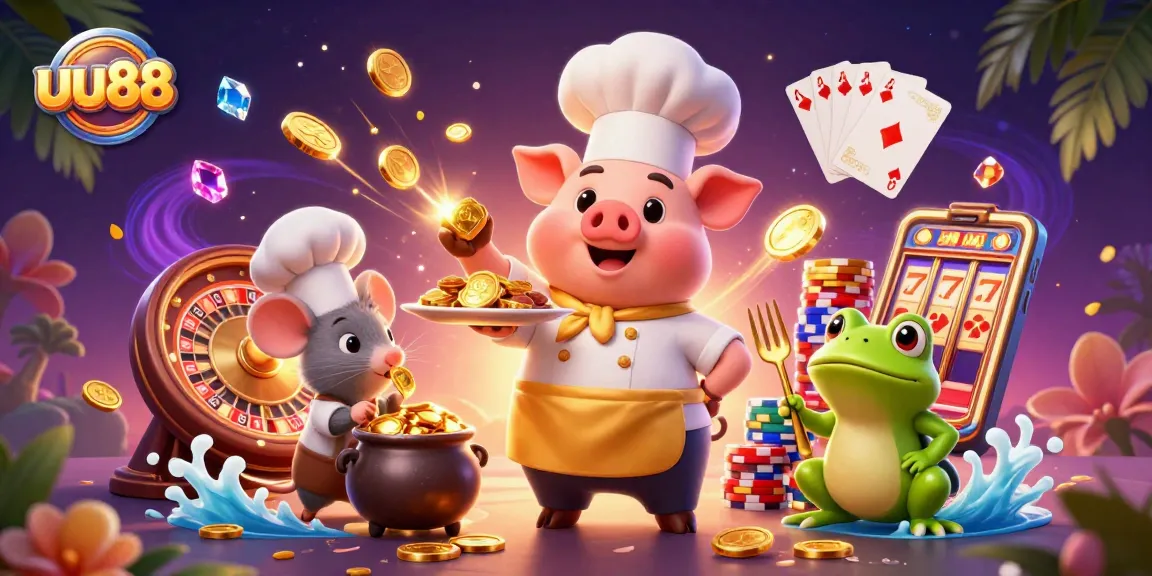 Experience thrilling gameplay at uu88 with a chef pig serving gold coins amidst vibrant casino elements.