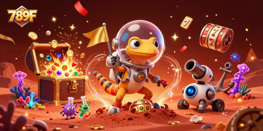 Experience the excitement of 789F with a Martian gecko discovering a gold casino on Mars.