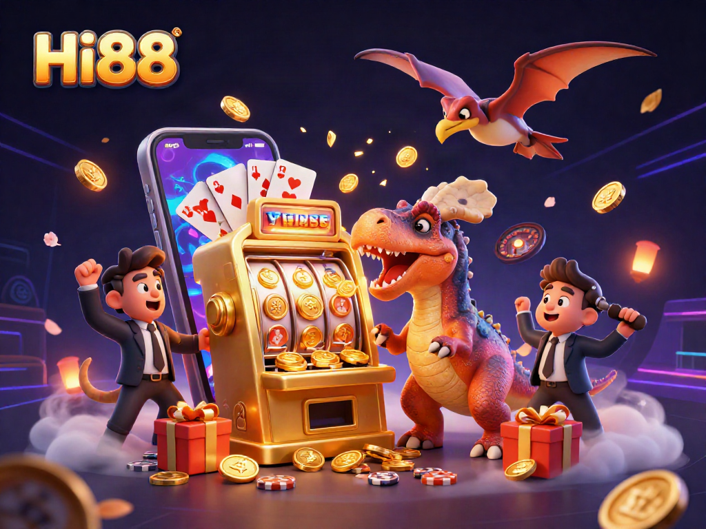Hi88 showcases a colorful casino world with a pachycephalosaurus, topping jackpots and flying coins.