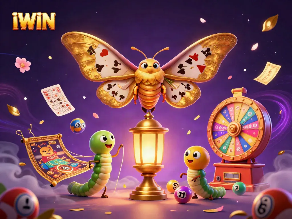 IWIN showcases an energetic casino scene with a giant moth and vibrant gaming elements.