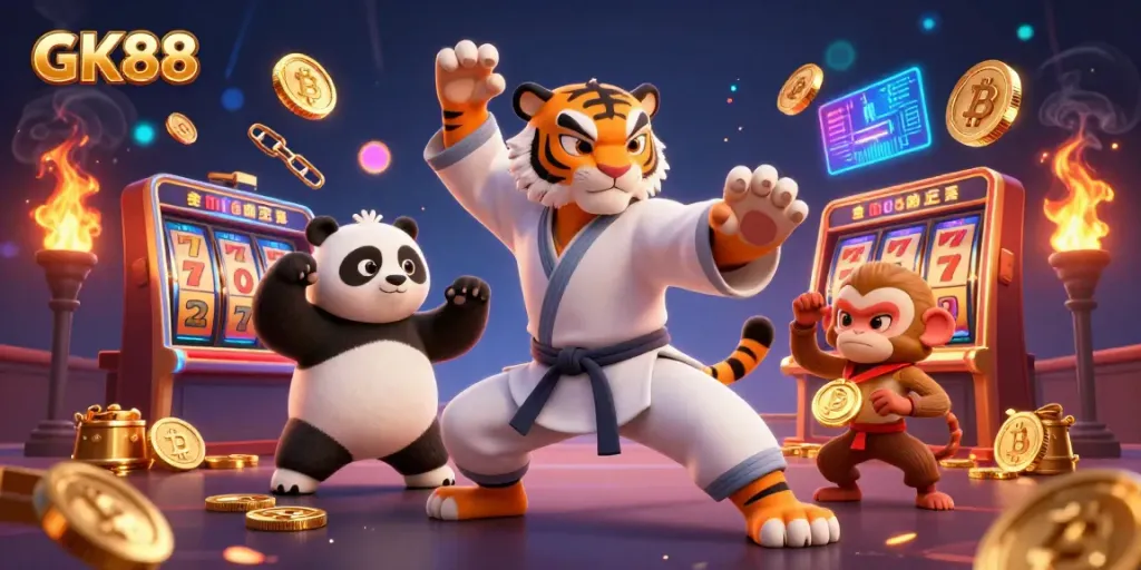Experience exhilarating gameplay with GK88 featuring a 3D kung fu tiger master in a vibrant casino scene.