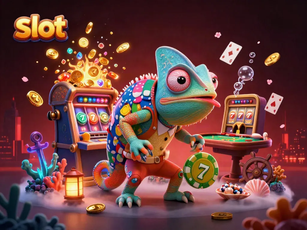 Engage with thrilling slot action in a vibrant casino scene featuring a colorful chameleon and rich treasures.