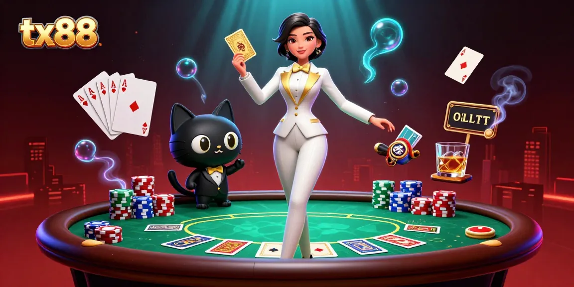 tx88 table games showcase featuring a glamorous woman shuffling cards beside a tuxedo cat.