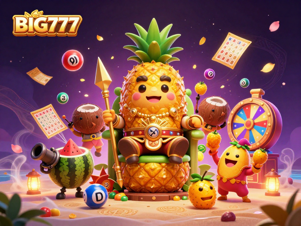 Engage with the vibrant BIG777 casino scene featuring a golden pineapple king in a lively game environment.