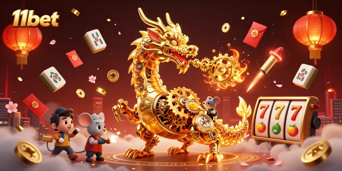 Play exciting casino games at 11bet featuring a golden dragon and vibrant gaming elements.
