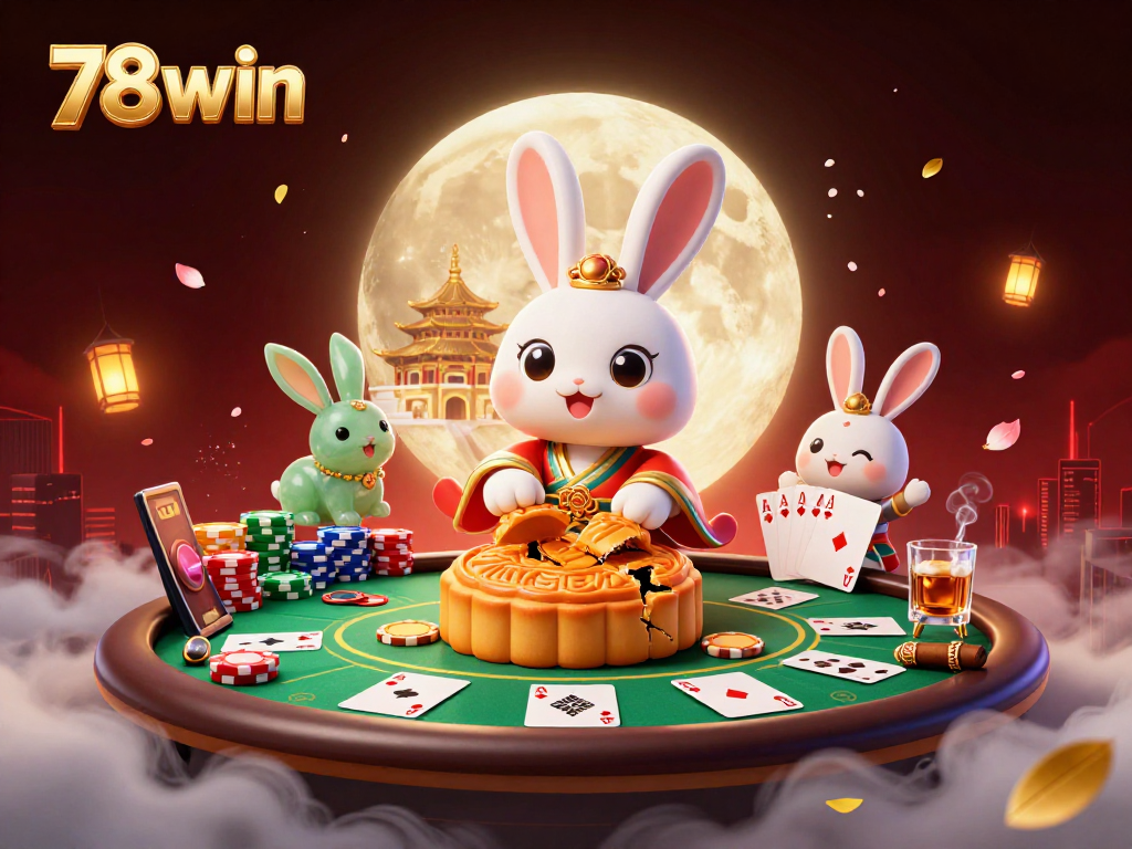 Join the 78win moon rabbit in this vibrant poker-themed 3D casino illustration.