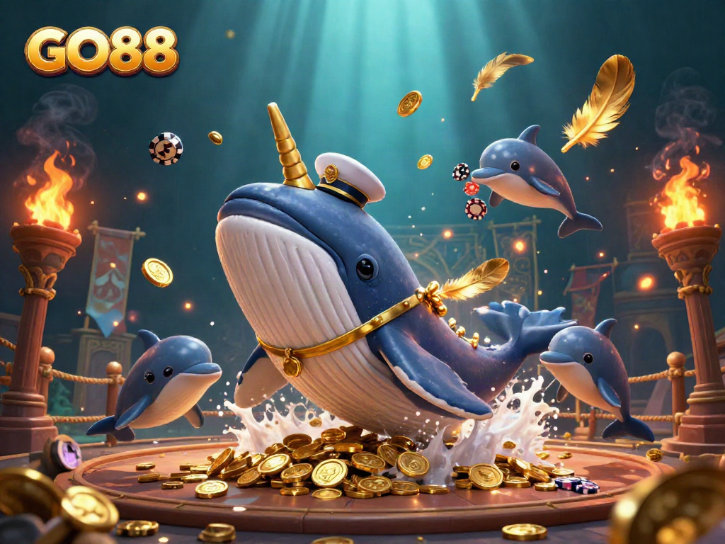 Experience gaming excitement with GO88, featuring a whale, dolphins, and golden casino elements.
