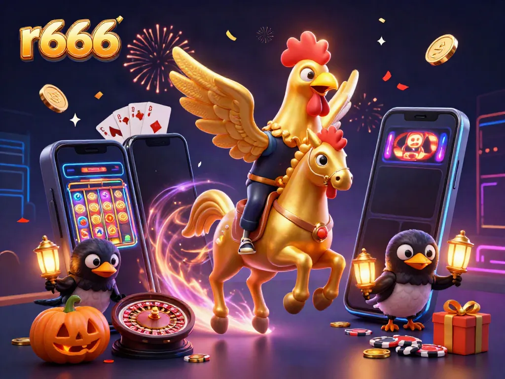 Experience thrilling r666 gaming action with a golden rooster and lively casino atmosphere.