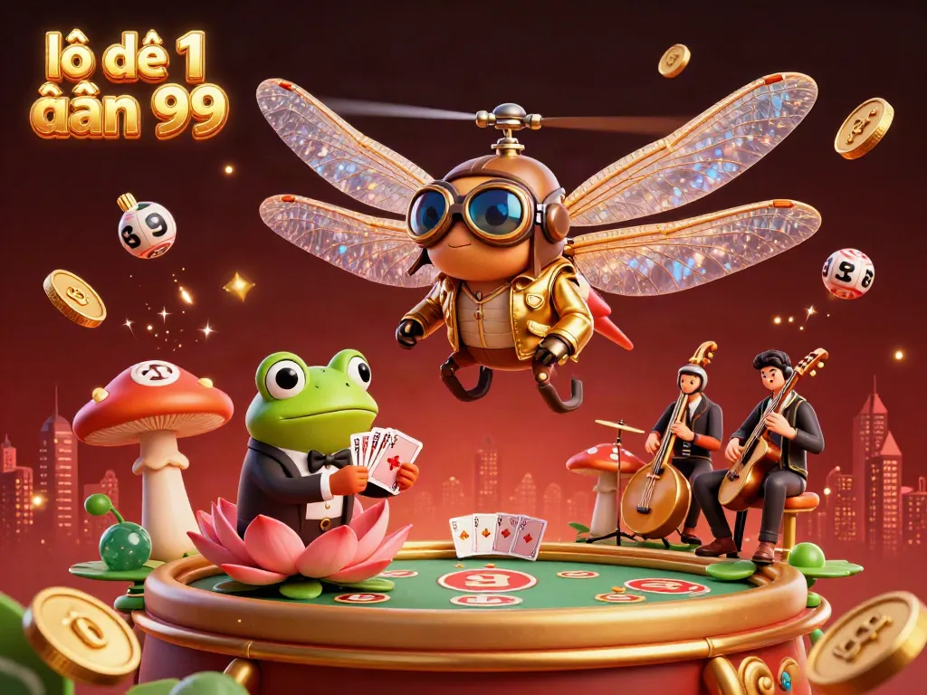 Experience the thrill of lô đề 1 ăn 99 in a vibrant casino scene with lively characters and dynamic lottery elements.