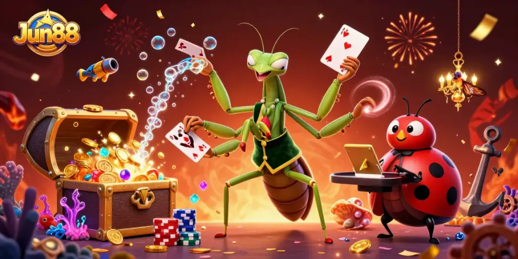 Experience thrilling casino action with Jun88's vibrant illustration featuring lively characters and dynamic gaming elements.