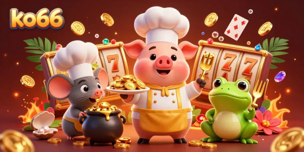 Join the excitement at ko66 with a vibrant 3D illustration of casino elements, gold coins, and lively characters.
