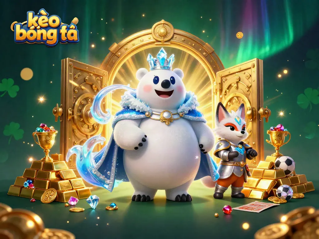 Engaging depiction of kèo bóng đá with a playful polar bear and snow fox amidst treasure and sports betting elements.
