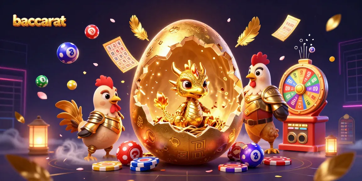 Baccarat dragon breaking free from a golden egg with vibrant casino elements around it, enhancing the game excitement.