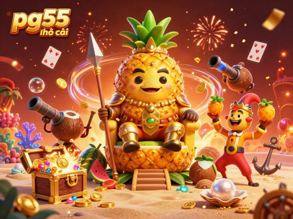 Engage with pg55 nhà cái in a vibrant 3D casino scene featuring a golden pineapple king and tropical characters.
