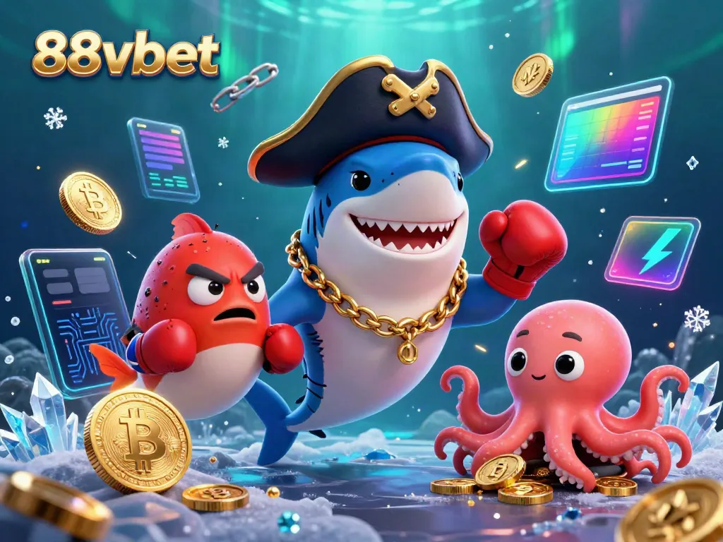Experience the thrill of gaming at 88vbet with animated characters and crypto elements in an underwater scene.