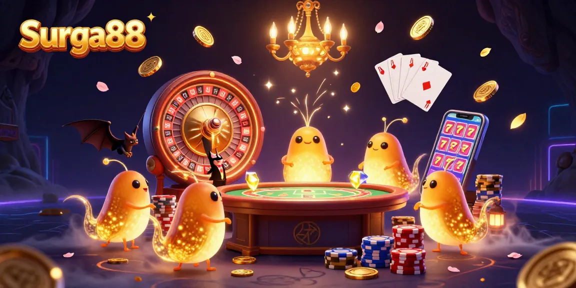 Immerse in Surga88's vibrant cave casino, featuring glowworms and captivating gaming elements.
