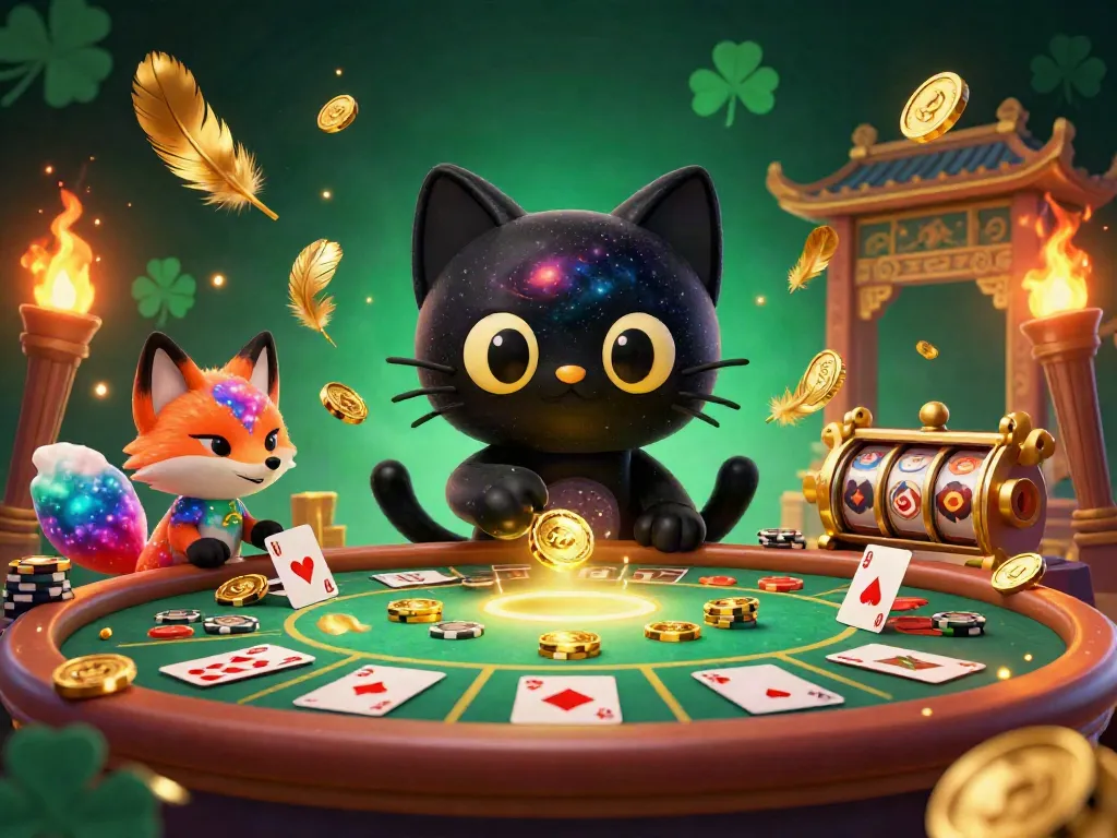 Kuwin's black hole cat attracts golden chips and cards at a dynamic cosmic casino.