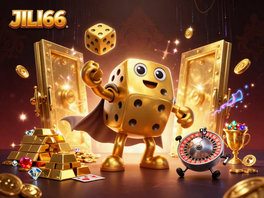 Experience JILI66 with vibrant casino elements in a dynamic 3D illustration of golden dice and treasures.