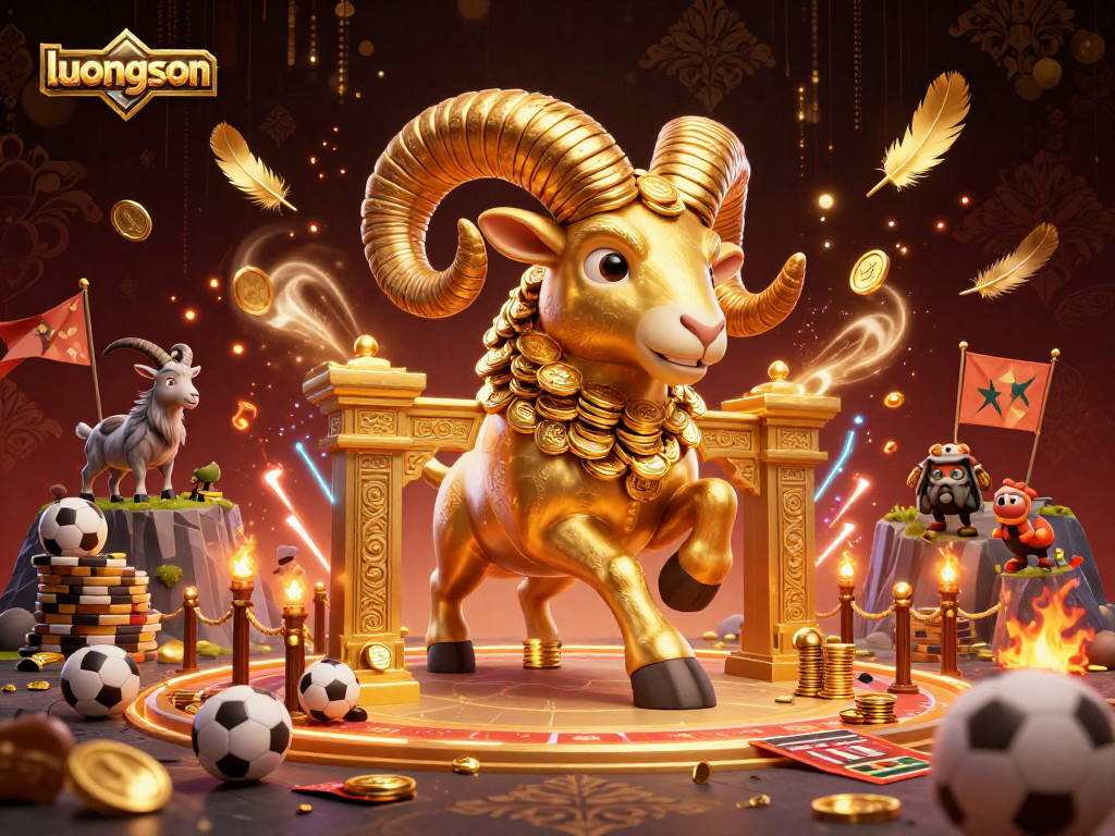 Betting on sports with luongson, showcasing a golden ram charging through a vibrant stadium atmosphere.