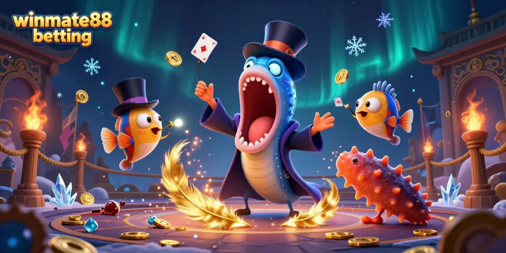 Engaging scene showcasing winmate88 betting with a bioluminescent eel magician, gold coins, and vibrant casino elements.